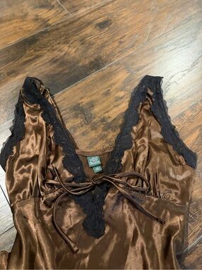 wild fable Brown Satin Dress with Black Lace Trim